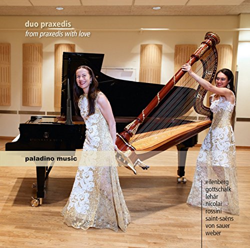 "CD cover featuring two women in white dresses with a piano and harp."