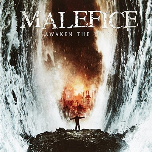 "Album cover art: 'Malefice - Awaken the Tides' featuring a person standing before a burning city."