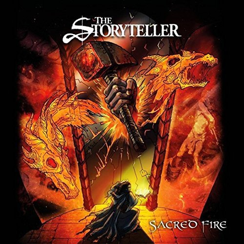 "Album cover art: 'The Storyteller - Sacred Fire' featuring a knight and dragon imagery."
