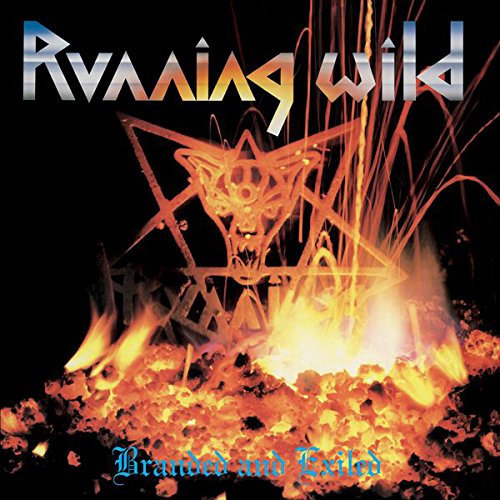 "Album cover with 'Running Wild' in silver, wolf head in a burning pentagram."