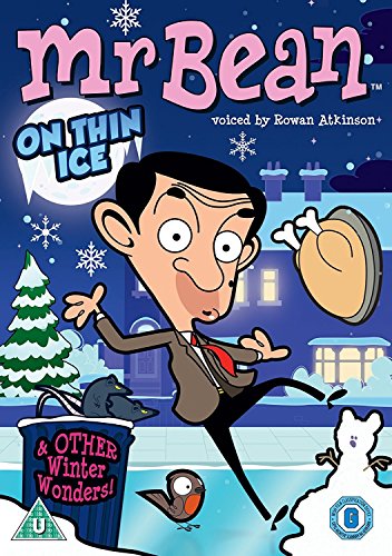 "Mr Bean DVD cover featuring cartoon character on ice, winter scene, and festive elements."
