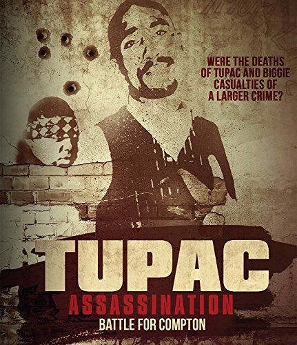 "Tupac Assassination: Battle for Compton" Blu-ray cover featuring a stencil image of Tupac Shakur.