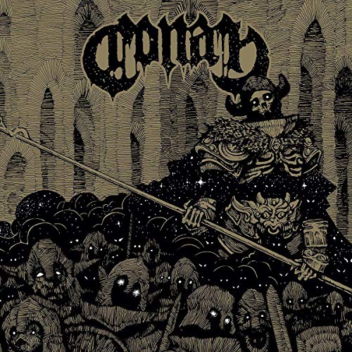 "Album cover art featuring a horned skeleton warrior surrounded by hooded figures."