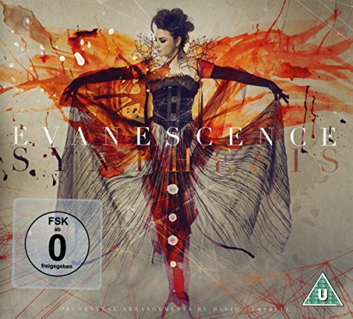 "Album cover featuring a woman in a flowing dress with abstract orange and red splatters."