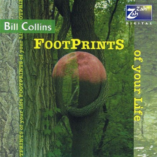 "CD cover with tree trunk and red sphere, titled 'Footprints of your Life' by Bill Collins."