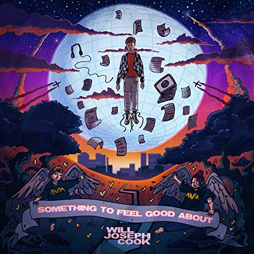 "Vinyl album cover featuring cartoon man floating above a globe with falling papers."