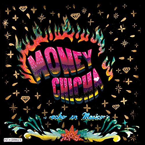 "Album cover with 'Money Chicha' in flames, surrounded by gold symbols on a black background."