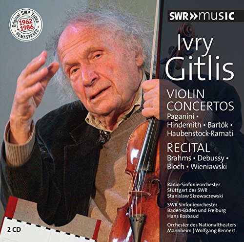 CD cover featuring Ivry Gitlis holding a violin, with text listing concertos and recitals.