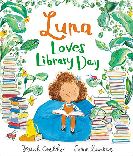 The image depicts a children's book cover featuring a young girl reading in a bean bag chair. The alt text is: "Illustration of a girl reading surrounded by books and greenery."