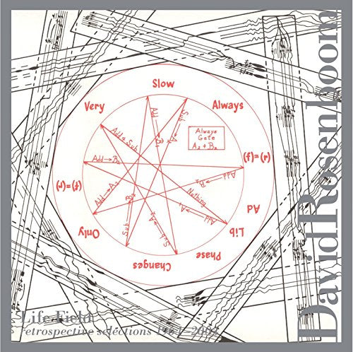"Album cover with red diagram on white background surrounded by black musical notes."