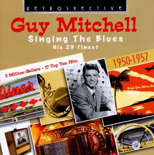 "CD cover with 'Guy Mitchell Singing the Blues' title and collaged images on beige background."