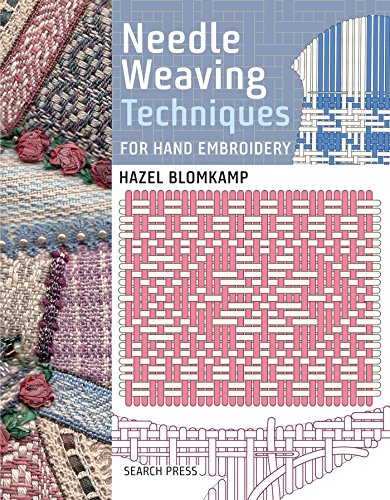 "Book cover with embroidered floral patterns and geometric designs, titled 'Needle Weaving Techniques'."