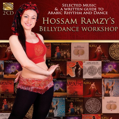 "Woman in red belly dance outfit stands beside a grid of album covers."