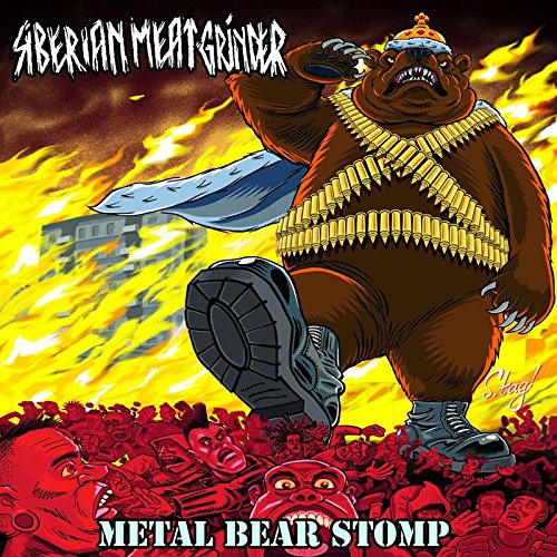"Album cover featuring a cartoon bear standing on a pile of red bodies."