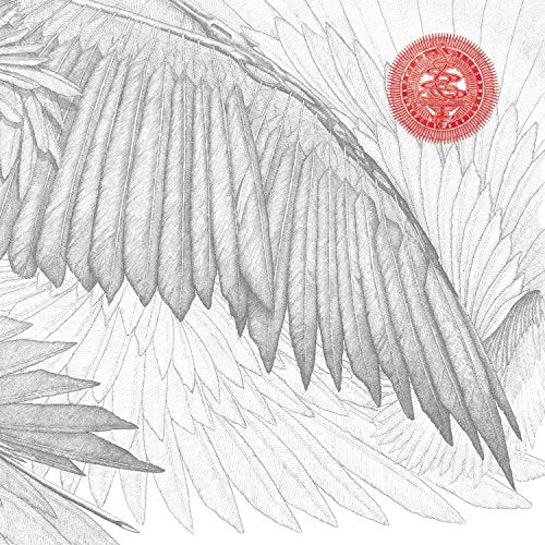 A black and white illustration of a bird's wing with a red circular emblem.