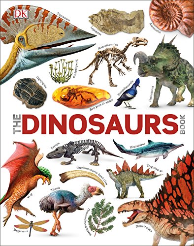 "The Dinosaurs Book" cover featuring various dinosaurs and fossils on a white background.