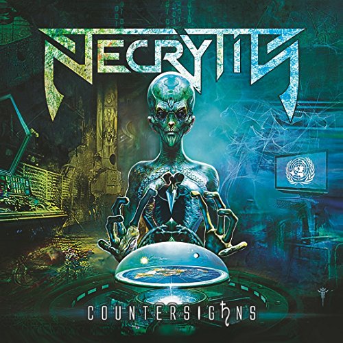 The image is a CD cover for "Necrytis - Countersighns" with EAN: 5060140642640. The alt text for this image is: "Album cover with alien holding a glowing Earth."