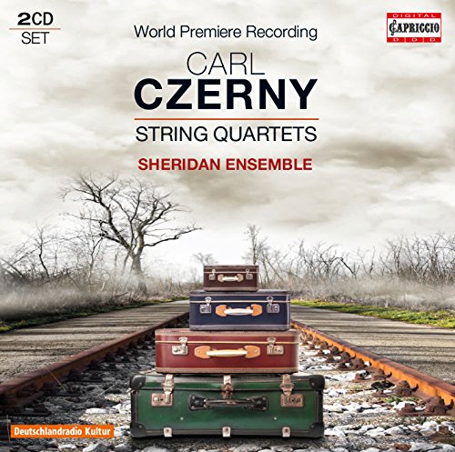 "CD cover featuring stacked vintage suitcases on train tracks with a cloudy background."