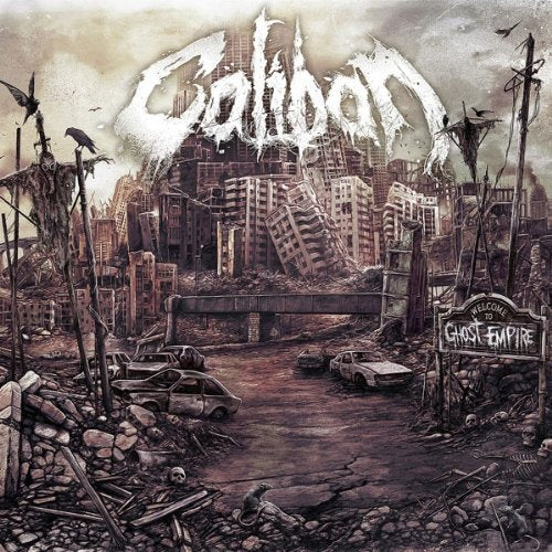 "Album cover art: Desolate cityscape with 'Caliban' and 'Ghost Empire' text, dark, grungy illustration."
