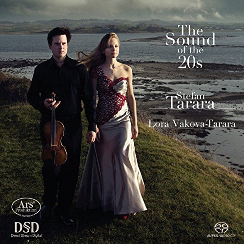 CD cover featuring a man with violin and woman in formal attire by water.