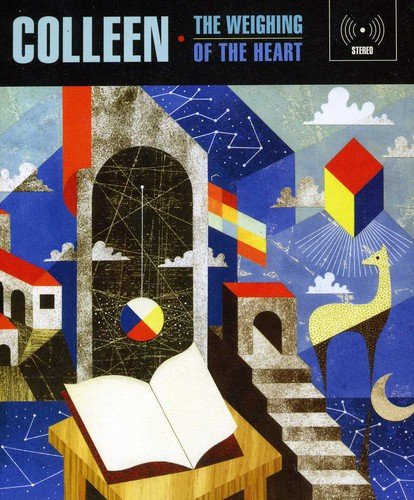 "Album cover art: surreal landscape with geometric shapes, buildings, and a giraffe under a night sky."