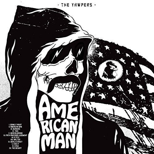 "Black and white album cover with skeleton wearing a hood and American flag."