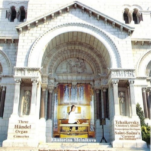 A woman plays an organ inside a white stone church, CD cover art.