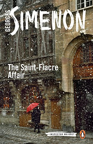 "Book cover of 'The Saint-Fiacre Affair' featuring a snowy scene with a red umbrella."