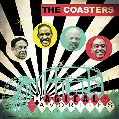 "Vinyl album cover with 'The Coasters' title, three men's portraits, and rollercoaster image."