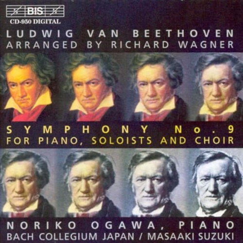 "CD cover featuring eight portraits of Beethoven, with text describing the music inside."
