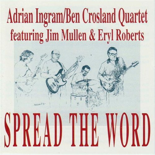 Album cover with sketch of four musicians and red text on a white background.
