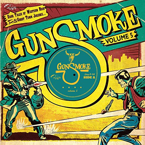 Vinyl record cover with cowboy duel illustration and "Gunsmoke Volume 5" title.