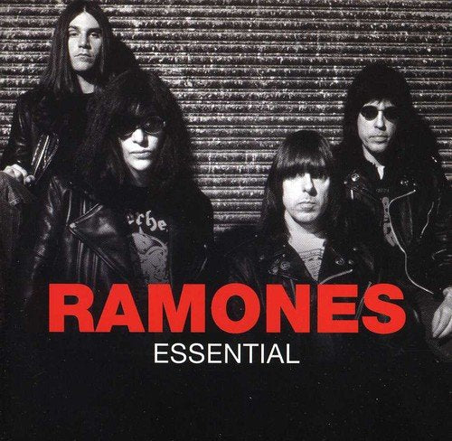"Black and white image of the Ramones band members with red and white text."
