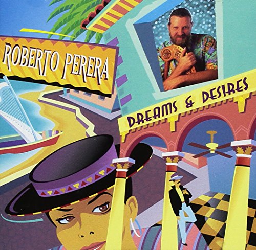 "Album cover with cartoon woman wearing a hat, a man holding a guitar, and a building in the background."