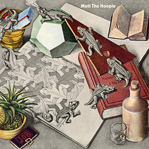 "Vinyl album cover featuring alligators on books, with various objects on a table."