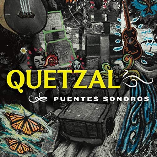 "Album cover with 'Quetzal' in yellow, surrounded by guitars, butterflies, and abstract designs."
