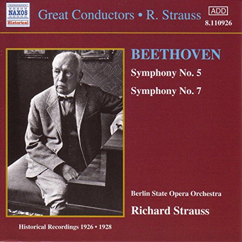 Red album cover with black-and-white photo of Richard Strauss and Beethoven symphony details.