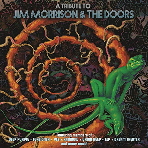 "Tribute to Jim Morrison vinyl album cover with green figure and twisted roots illustration."