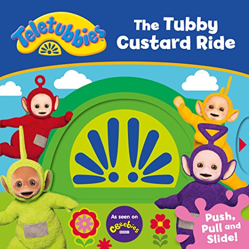 "Children's book cover featuring four Teletubbies characters around a green and yellow structure."