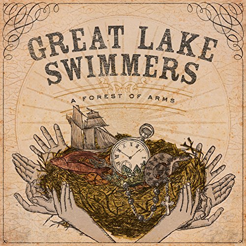 "Album cover with hands holding a nest, pocket watch, and ship illustration."