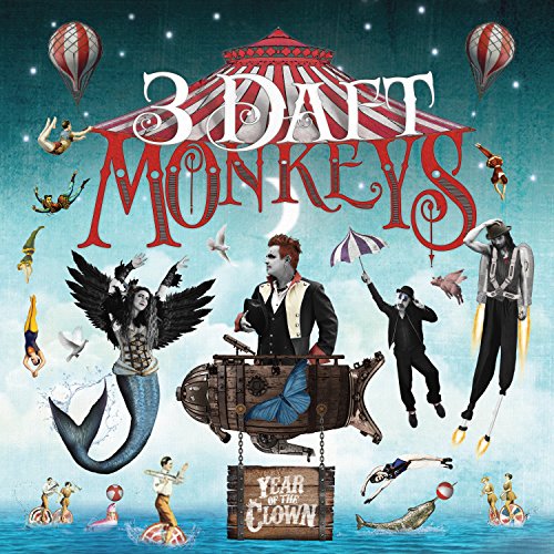 "CD album cover with whimsical illustrations and '3 Daft Monkeys' and 'Year of the Clown' text."