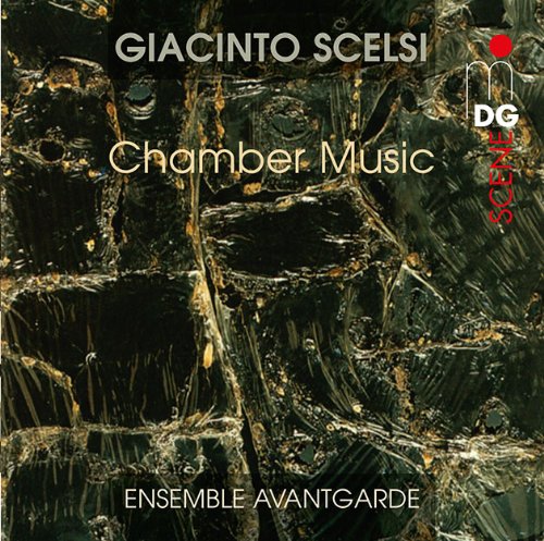A CD cover with Giacinto Scelsi's chamber music, featuring a dark, abstract marble pattern background.