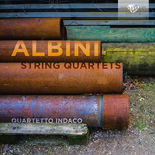 "CD cover featuring rusty pipes with 'ALBINI STRING QUARTETS' text and 'QUARTETTO INDACO' at the bottom."