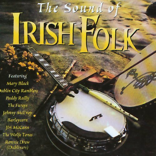 "CD cover featuring Irish folk instruments on a sandy beach with artist names listed."