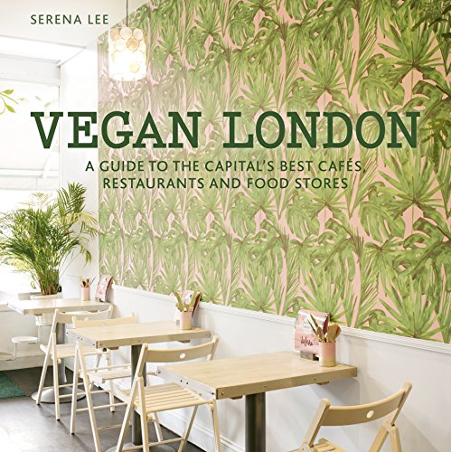 "Book cover with green leaf-patterned background and a modern vegan cafe scene."