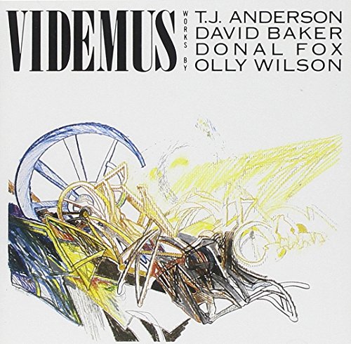 "Album cover with abstract drawing and text 'VIDEMUS' and composer names on a white background."