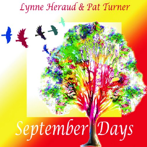 "Album cover with colorful tree and birds, gradient background, and artist names at the top."
