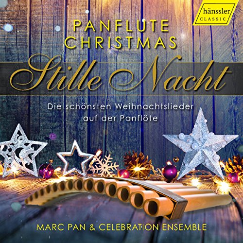A pan flute surrounded by stars and ornaments on a wooden background.