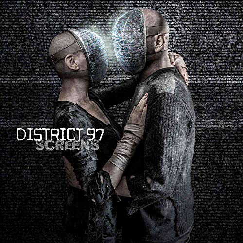 "Album cover featuring a man and woman embracing, wearing futuristic headgear."