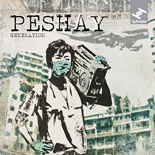"Peshay album cover featuring a man carrying a boombox, cityscape in the background."